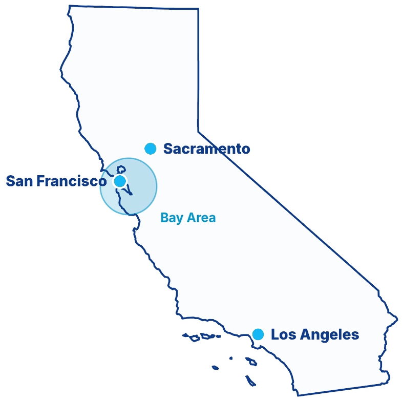 California map marking Sacramento, San Francisco and Los Angeles, with the Bay Area highlighted
